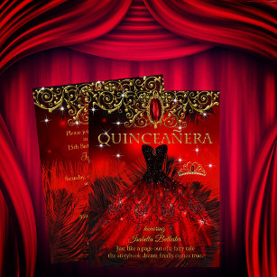 Invitation Quinceanera Anniversaire Rouge Noir Plumes Tiara O