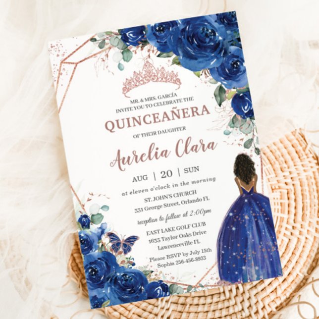 Invitation Quinceañera Anniversaire Royal Blue Floral Brown f (Créateur téléchargé)