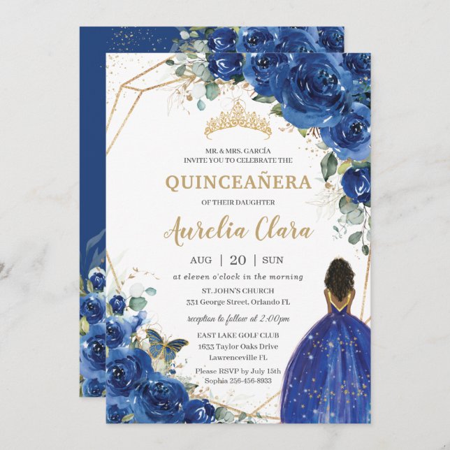 Invitation Quinceañera Anniversaire Royal Blue Floral Princes (Devant / Derrière)