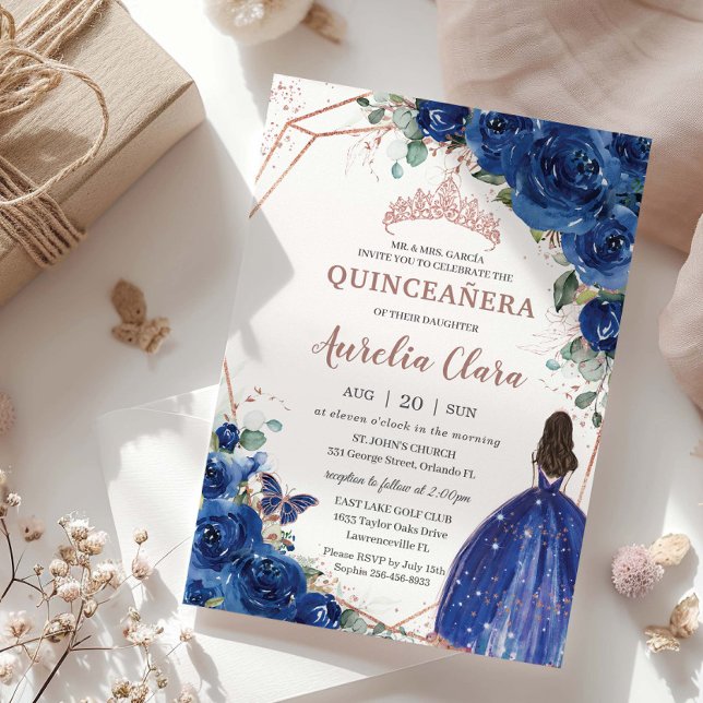 Invitation Quinceañera Anniversaire Royal Blue Floral Princes (Créateur téléchargé)