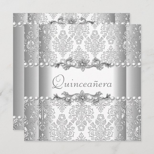 Invitation Quinceañera Anniversaire Silver White Pearl Lace (Devant / Derrière)