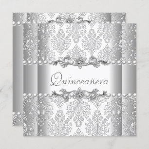 Invitation Quinceañera Anniversaire Silver White Pearl Lace