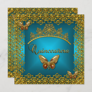 Invitation Quinceanera Anniversaire Turquoise Gold Tiara Butt