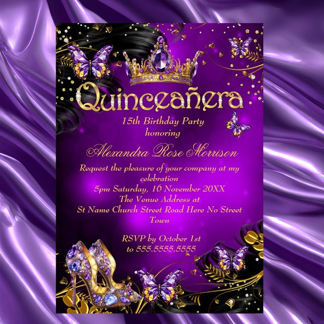 Invitation Quinceanera anniversaire violet papillon noir or (Créateur téléchargé)