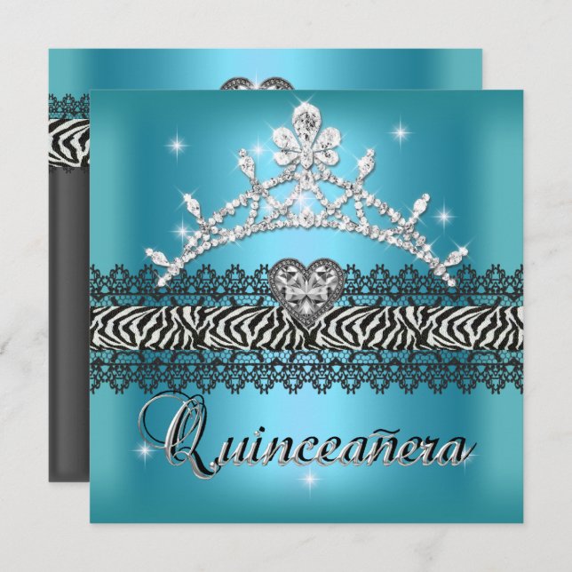 Invitation Quinceanera Anniversaire Zebra Turquoise bleu noir (Devant / Derrière)