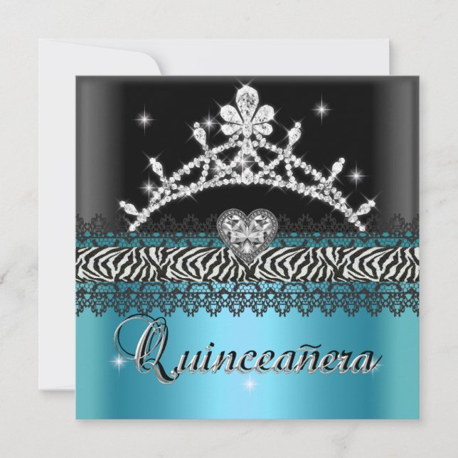 Invitation Quinceanera Anniversaire Zebra Turquoise bleu noir (Devant)