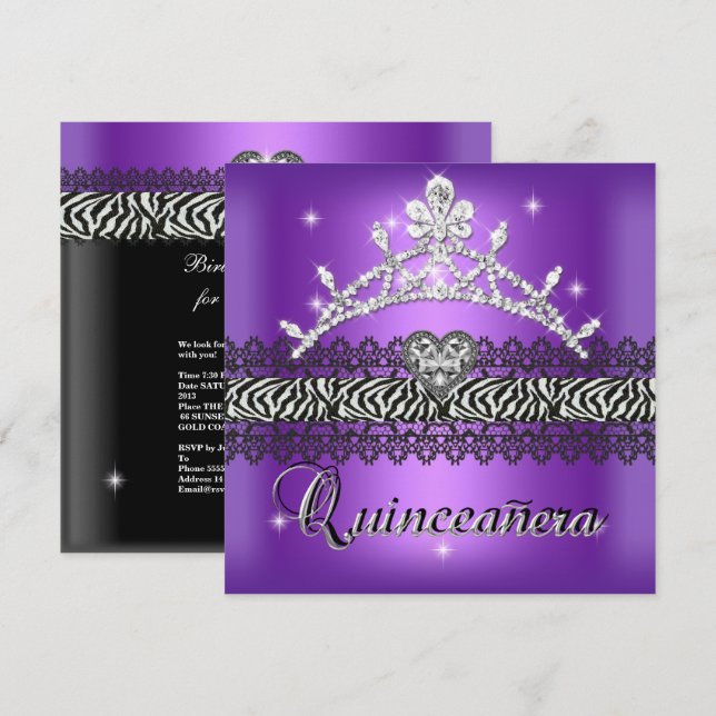 Invitation Quinceanera Anniversaire Zebra Violet Blanc Noir (Devant / Derrière)