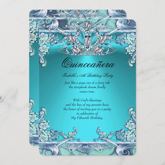 Invitation Quinceanera Aqua 15ème anniversaire de fête Turquo (Devant / Derrière)