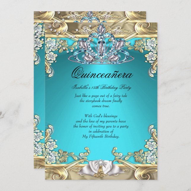 Invitation Quinceanera Aqua Gold Turquoise 15e anniversaire f (Devant / Derrière)