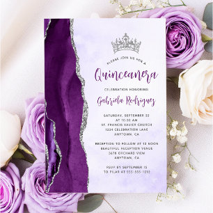 Invitation Quinceañera aquarelle agate argent violet