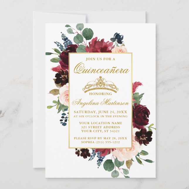 Invitation Quinceanera Aquarelle Bourgogne Rose Floral (Devant)