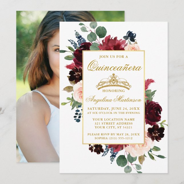 Invitation Quinceanera Aquarelle Bourgogne Rose Photo Florale (Devant / Derrière)