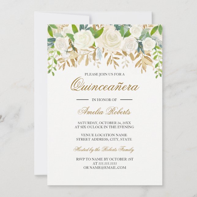 Invitation Quinceanera aquarelle feuille florale o (Devant)