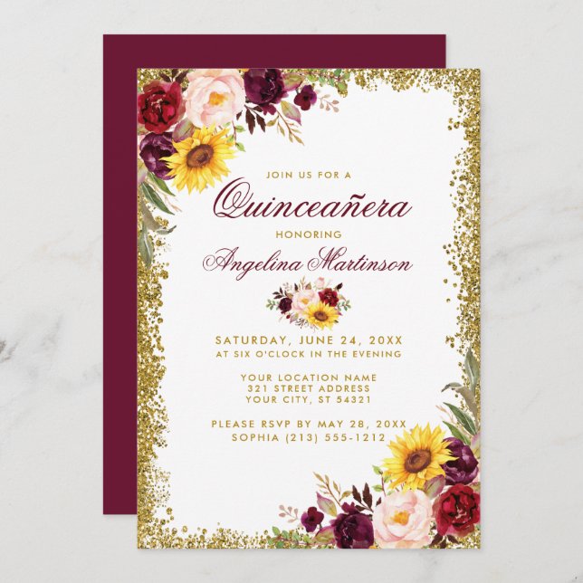 Invitation Quinceanera Aquarelle Floral Parties scintillant o (Devant / Derrière)