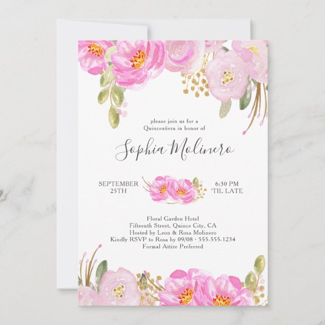 Invitation Quinceanera Aquarelle rose et or Florale (Devant)