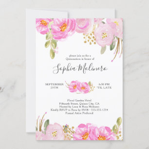 Invitation Quinceanera Aquarelle rose et or Florale