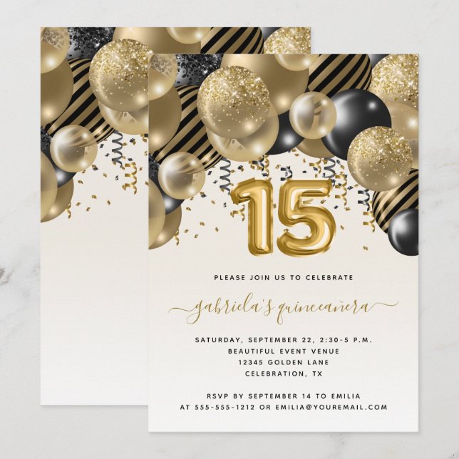 Invitation Quinceañera Arche de Ballons Noir Or (Devant / Derrière)