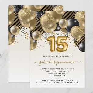 Invitation Quinceañera Arche de Ballons Noir Or