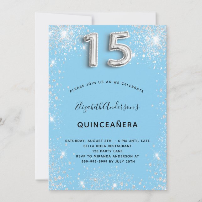 Invitation Quinceanera argent bébé bleu parties scintillant p (Devant)