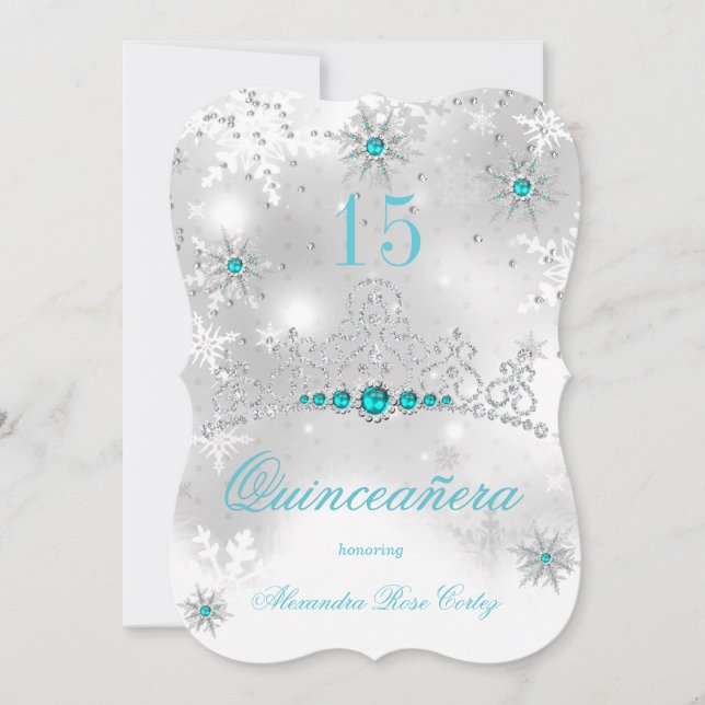 Invitation Quinceañera Argent Blanc Turquoise Bleu Perle Floc (Devant)