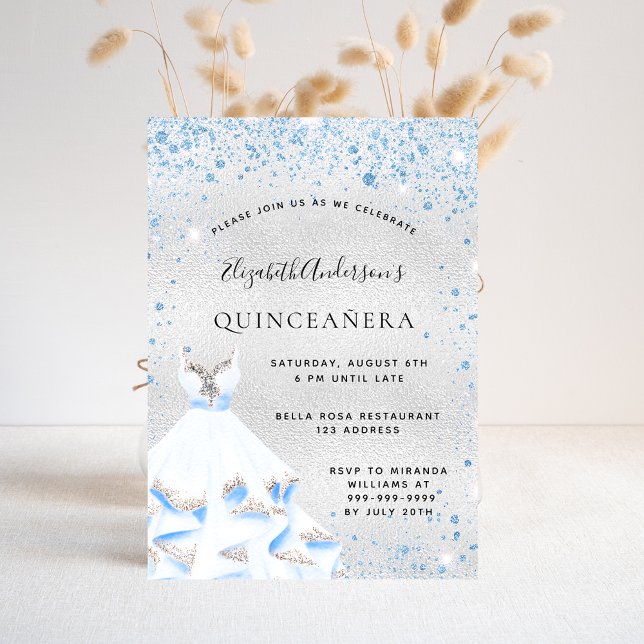 Invitation Quinceanera argent bleu brillant robe luxe (Créateur téléchargé)