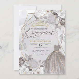 Invitation Quinceañera argent gris or fantaisie Tiara & robe