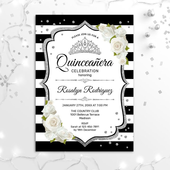 Invitation Quinceanera - Argent noir blanc (Créateur téléchargé)