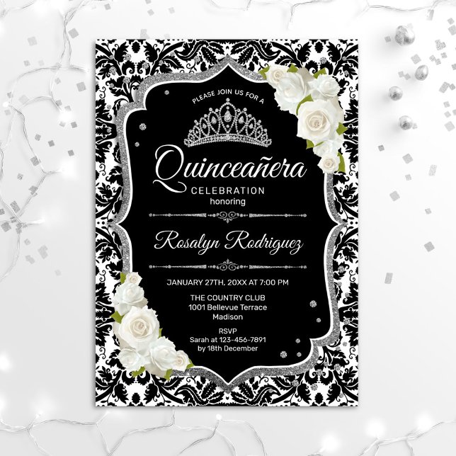 Invitation Quinceanera - Argent noir blanc (Créateur téléchargé)