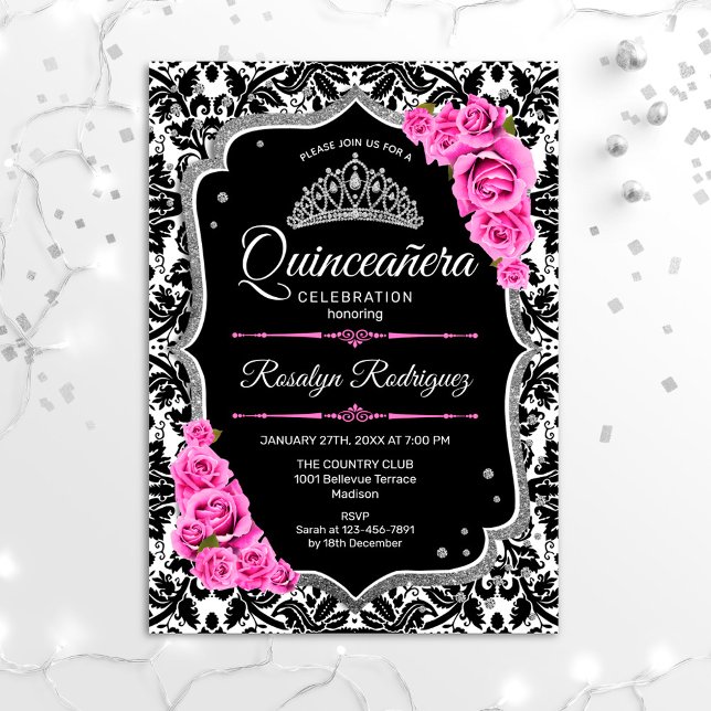Invitation Quinceanera - Argent noir rose (Créateur téléchargé)