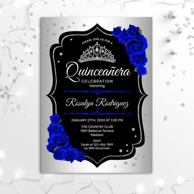 Invitation Quinceanera - Argent Noir Royal Bleu (Créateur téléchargé)