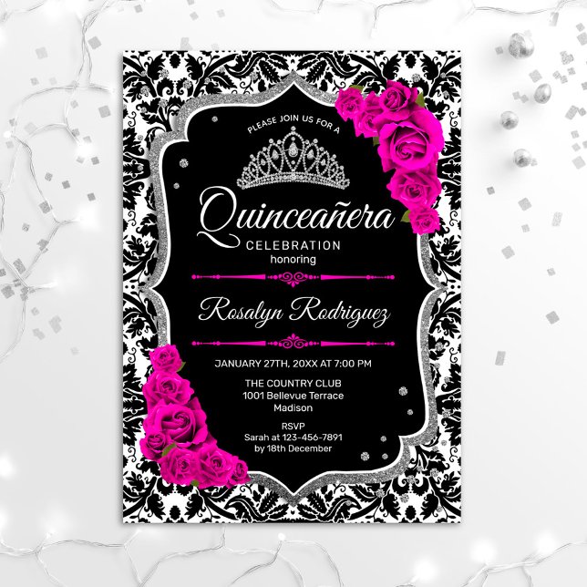 Invitation Quinceanera - Argent rose noir (Créateur téléchargé)