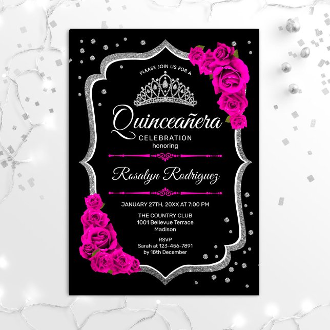 Invitation Quinceanera - Argent rose noir (Créateur téléchargé)