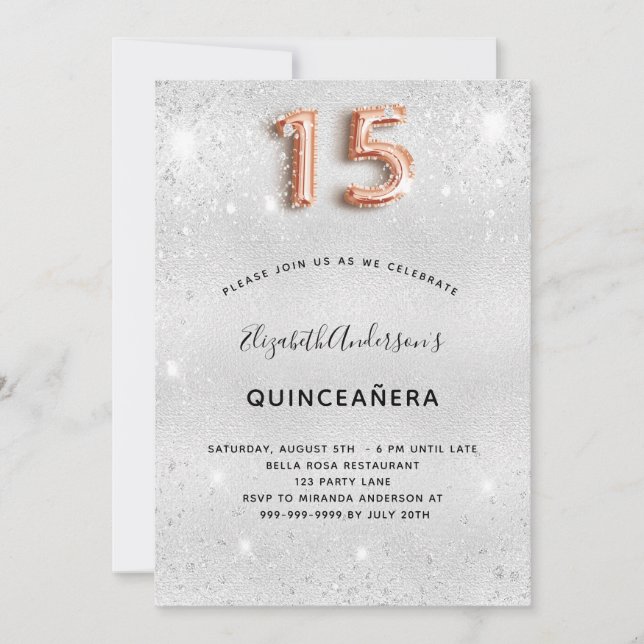 Invitation Quinceanera argent rose or parties scintillant gla (Devant)