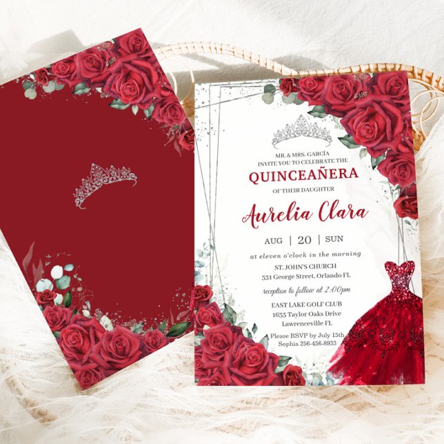 Invitation Quinceañera Argent Roses Rouges Florales Roses (Créateur téléchargé)