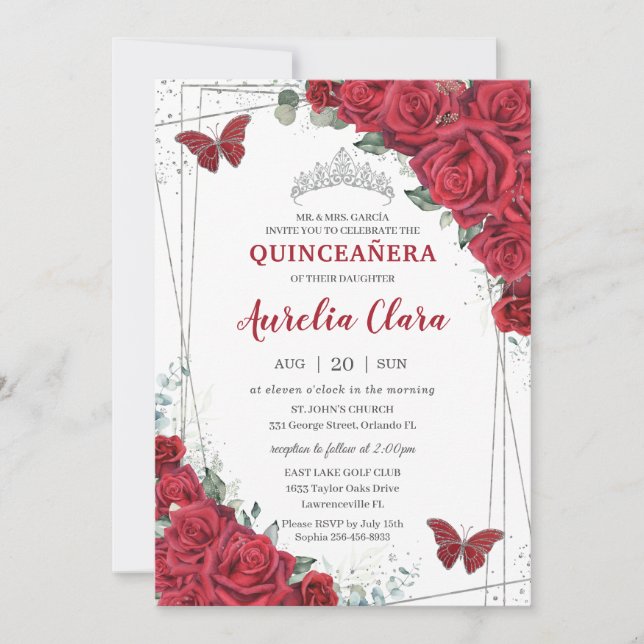 Invitation Quinceañera Argent Roses Rouges Papillons Floraux (Devant)