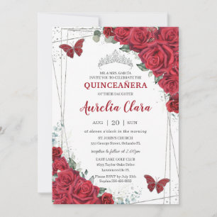 Invitation Quinceañera Argent Roses Rouges Papillons Floraux