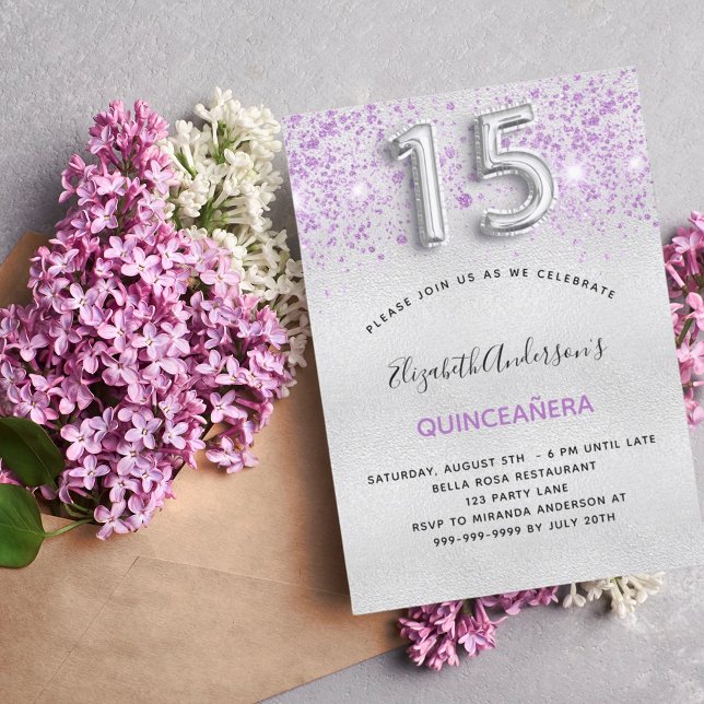 Invitation Quinceanera argent violet parties scintillant (Créateur téléchargé)