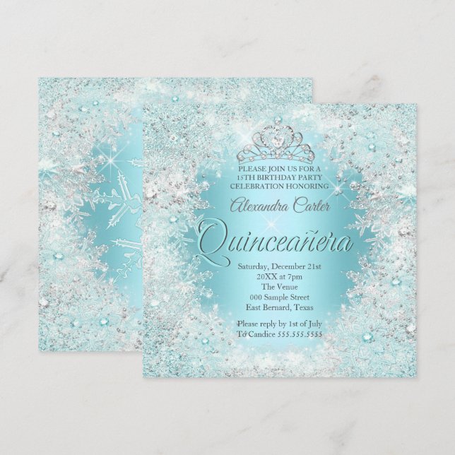 Invitation Quinceanera Assez Argent Turquoise bleu Snowflakes (Devant / Derrière)