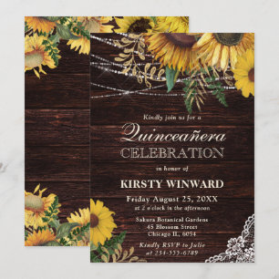 Invitation Quinceanera au tournesol rustique et guirlandes lu