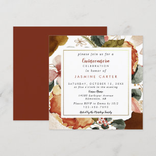Invitation Quinceañera automne fleurs aquarelle orange