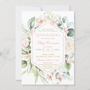 Invitation Quinceañera aux fleurs roses et papillons