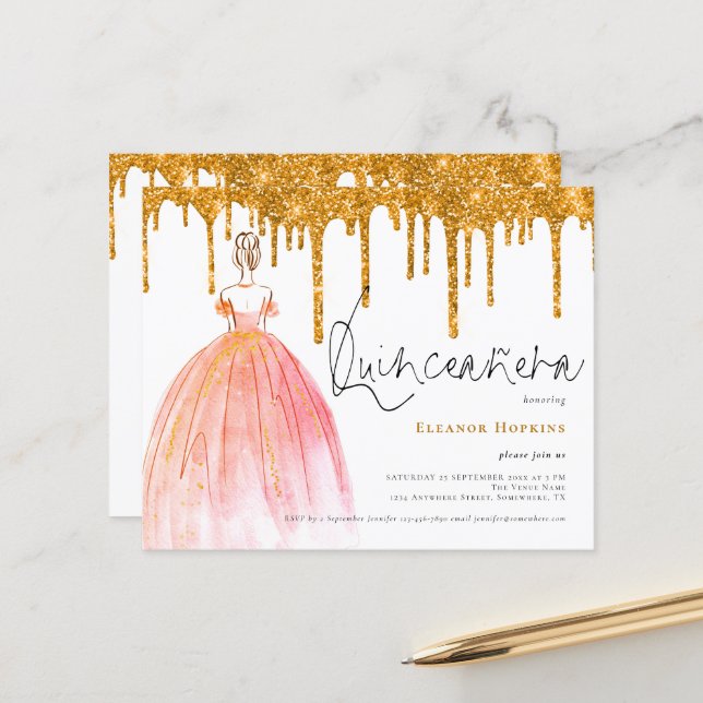 Invitation Quinceañera avec gouttes de paillettes  (Devant/Arrière en situation)