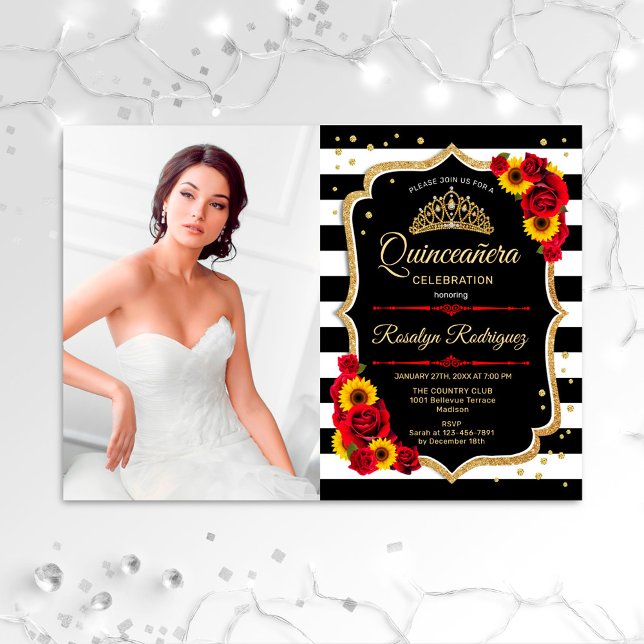 Invitation Quinceanera Avec Photo - Fleurs de soleil Roses Ro (Créateur téléchargé)