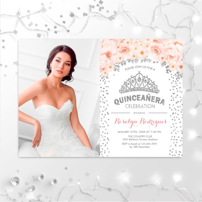 Invitation Quinceanera Avec Photo - Floral Rose Argent (Créateur téléchargé)