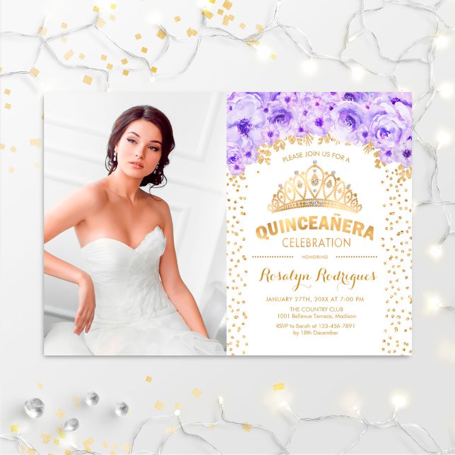 Invitation Quinceanera Avec Photo - Gold Purple Blanc (Créateur téléchargé)