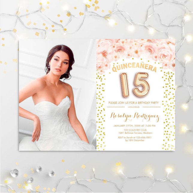 Invitation Quinceanera Avec Photo Or Rose Floral (Créateur téléchargé)