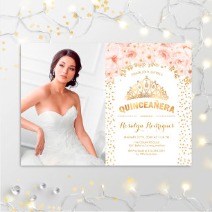 Invitation Quinceanera Avec Photo - Roses Rose Or