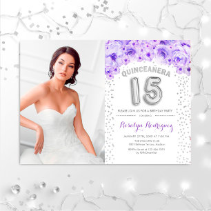 Invitation Quinceanera Avec Photo Silver Purple Floral