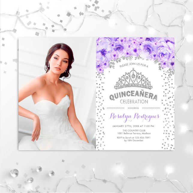 Invitation Quinceanera Avec Photo - Silver Violet Blanc (Créateur téléchargé)