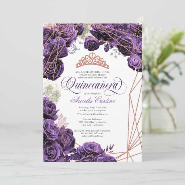 Invitation Quinceañera avec Regal Purple et Rose Gold Tiara (Debout devant)